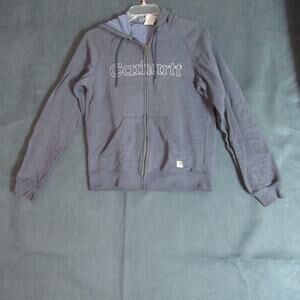 Carhartt Hoodie Womens XS Blue Embroidered Logo Full Zip Sweatshirt Work Grunge